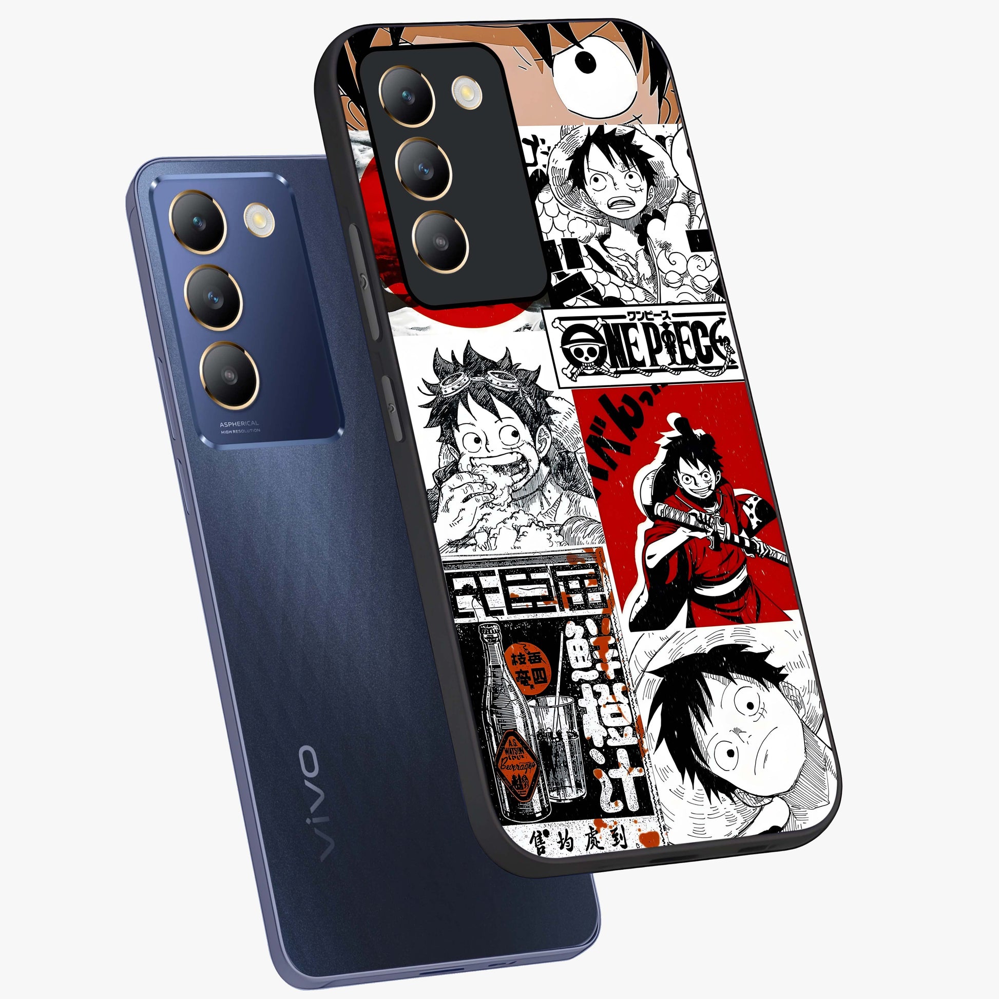 Strawhat Chaos Panels Glass Case displayed in angled mockup highlighting vibrant anime collage design with action aesthetic.