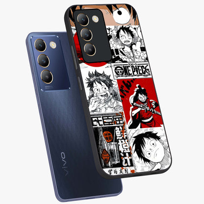 Strawhat Chaos Panels Glass Case displayed in angled mockup highlighting vibrant anime collage design with action aesthetic.