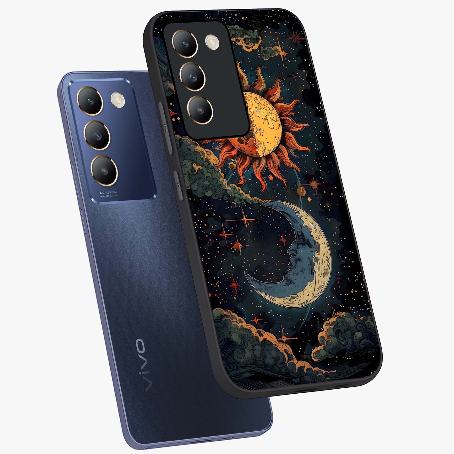 Sun And Moon Magic Design Glass Case displayed in angled mockup highlighting celestial design with magical cosmic aesthetic.