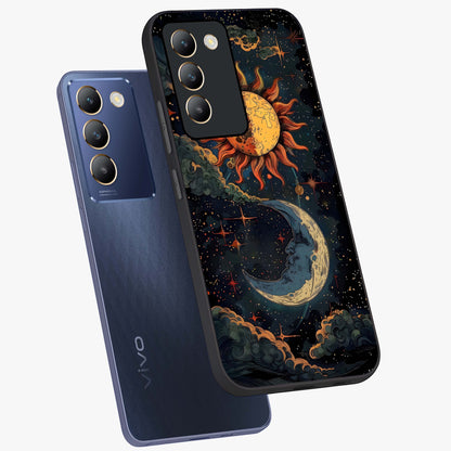 Sun And Moon Magic Design Glass Case displayed in angled mockup highlighting celestial design with magical cosmic aesthetic.