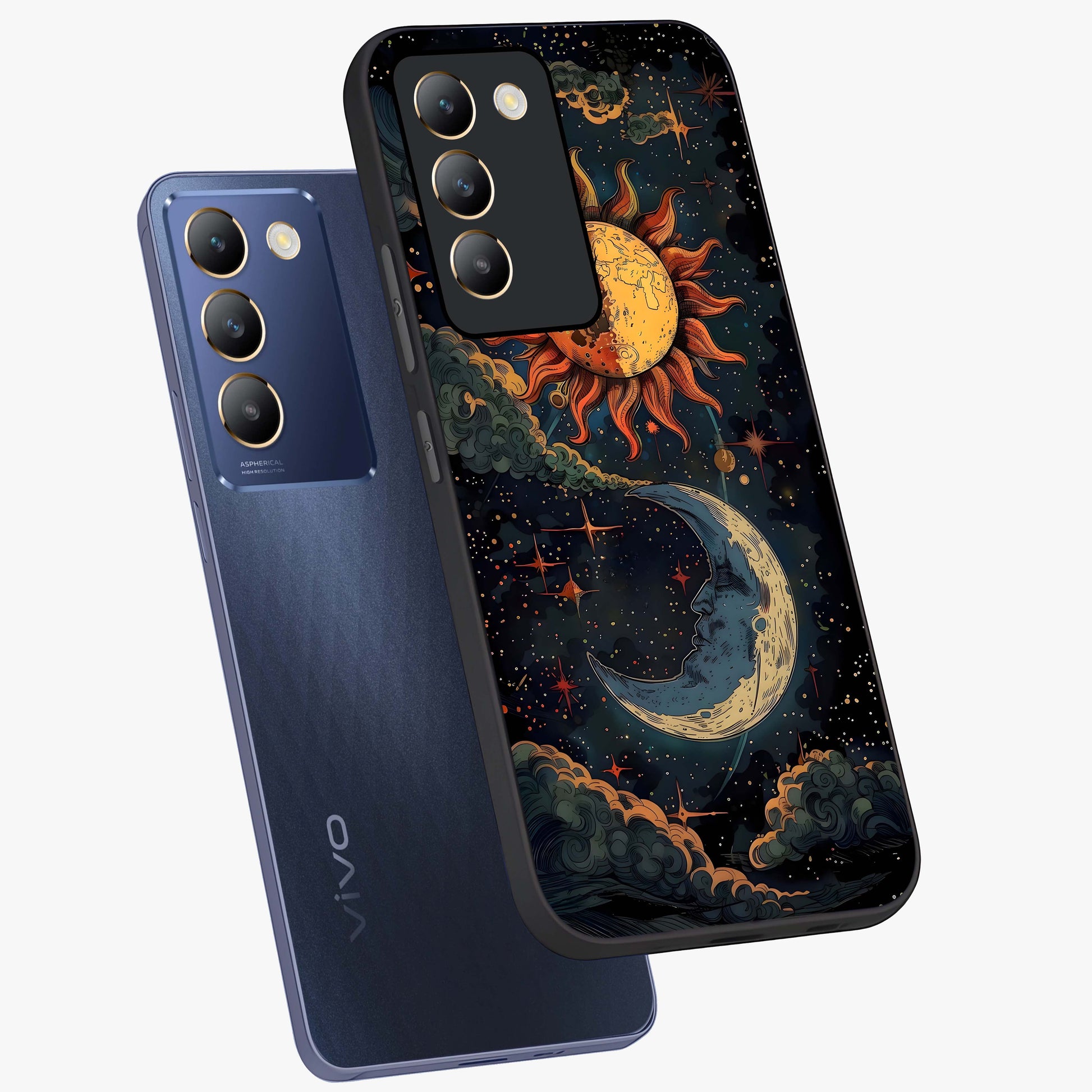 Sun And Moon Magic Design Glass Case displayed in angled mockup highlighting celestial design with magical cosmic aesthetic.
