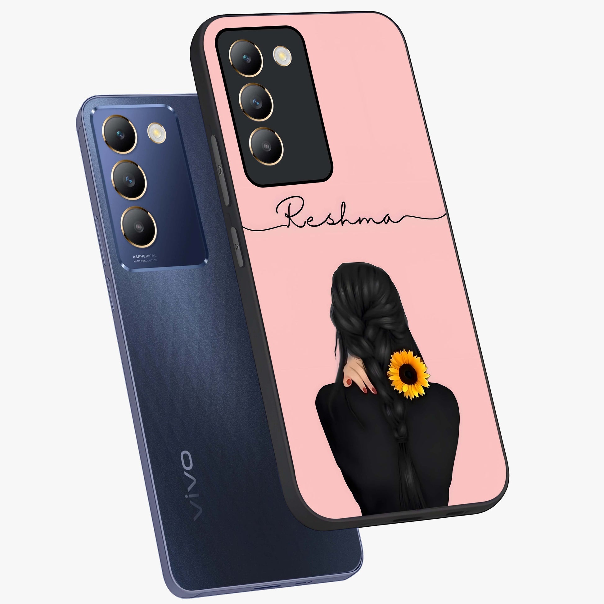 Sunflower Braid Beauty With Custom Name Glass Case displayed in angled mockup highlighting elegant sunflower design with custom name feature.