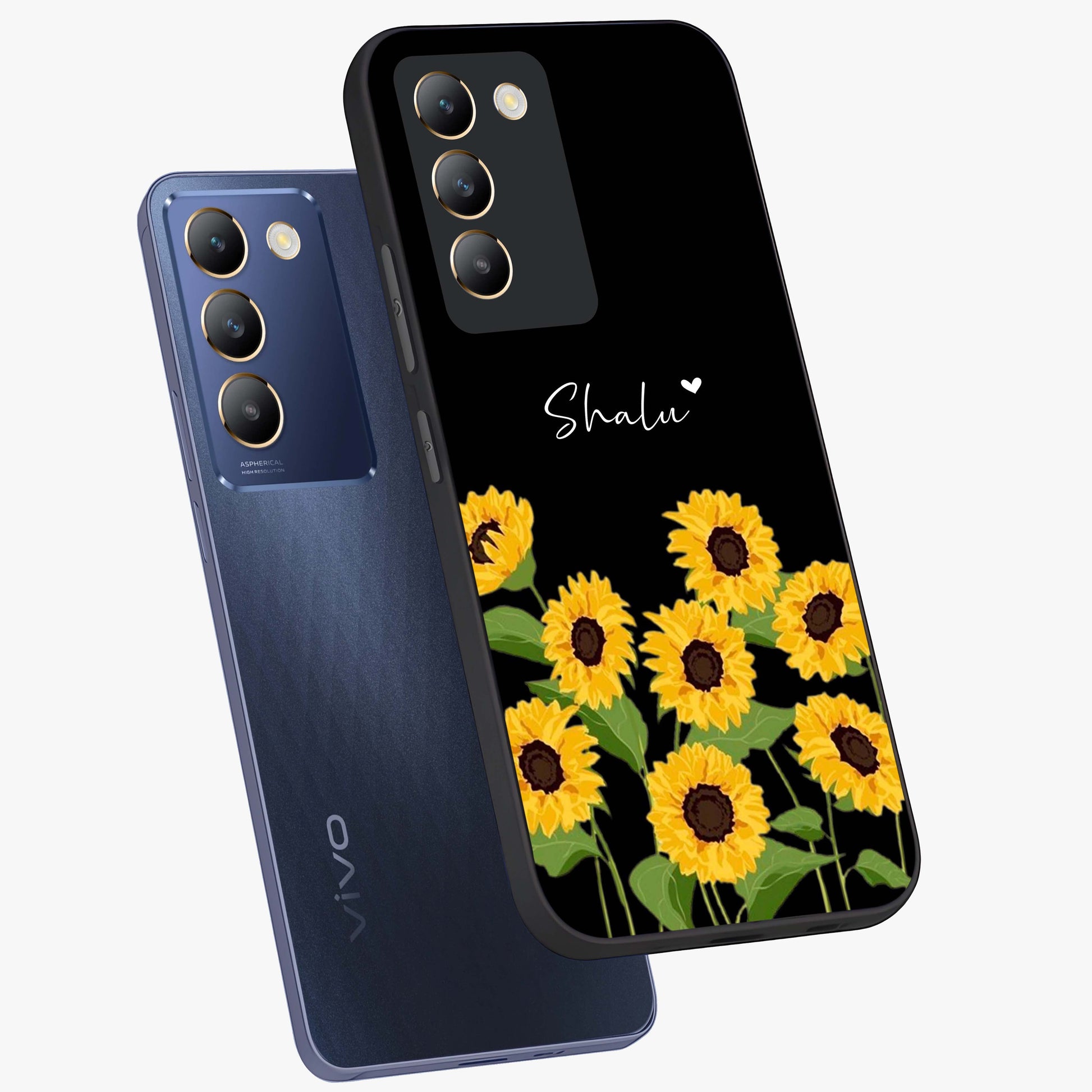 Sunflower Chic Mood Custom Name Glass Case displayed in angled mockup highlighting vibrant sunflower design with custom name feature.