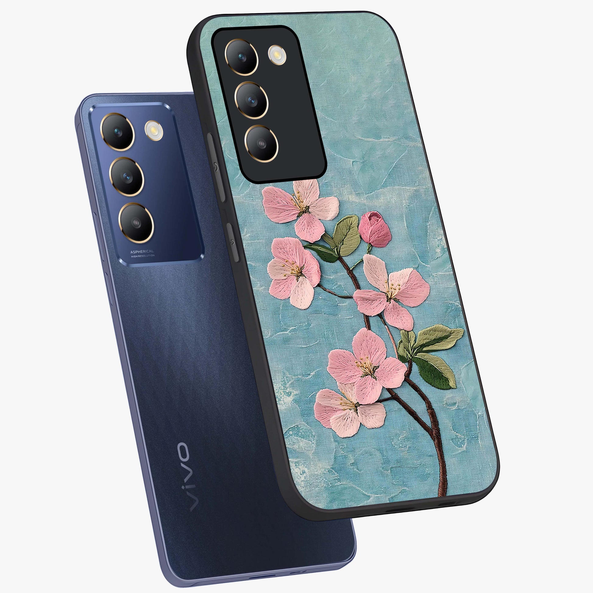 Threaded Blossom Breeze Glass Case displayed in angled mockup highlighting elegant floral design with soft aesthetic style.