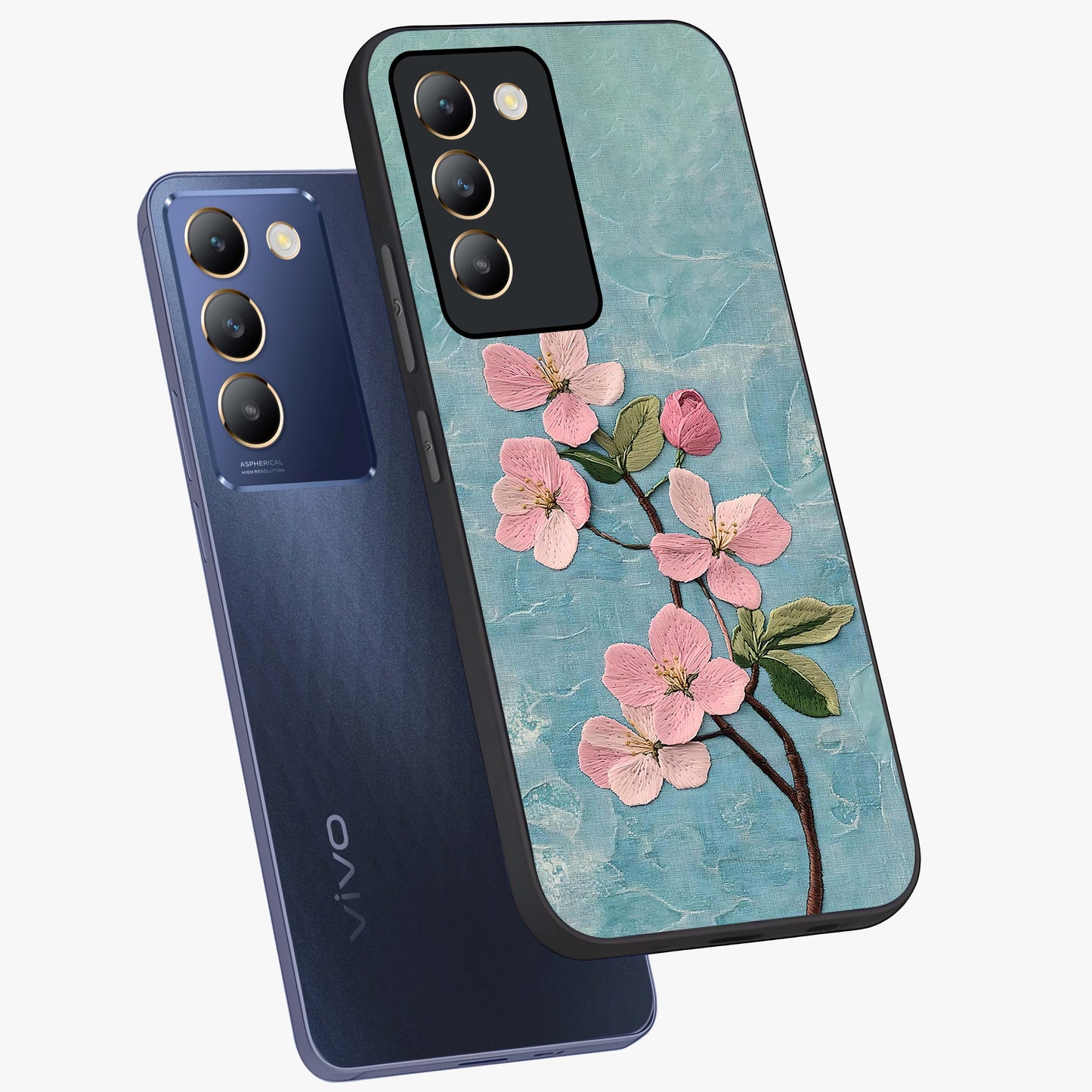 Threaded Blossom Breeze Glass Case displayed in angled mockup highlighting elegant floral design with soft aesthetic style.