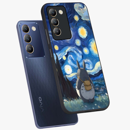 Totoro In Van Gogh Art Glass Case displayed in angled mockup highlighting artistic swirling sky design with playful animation aesthetic.