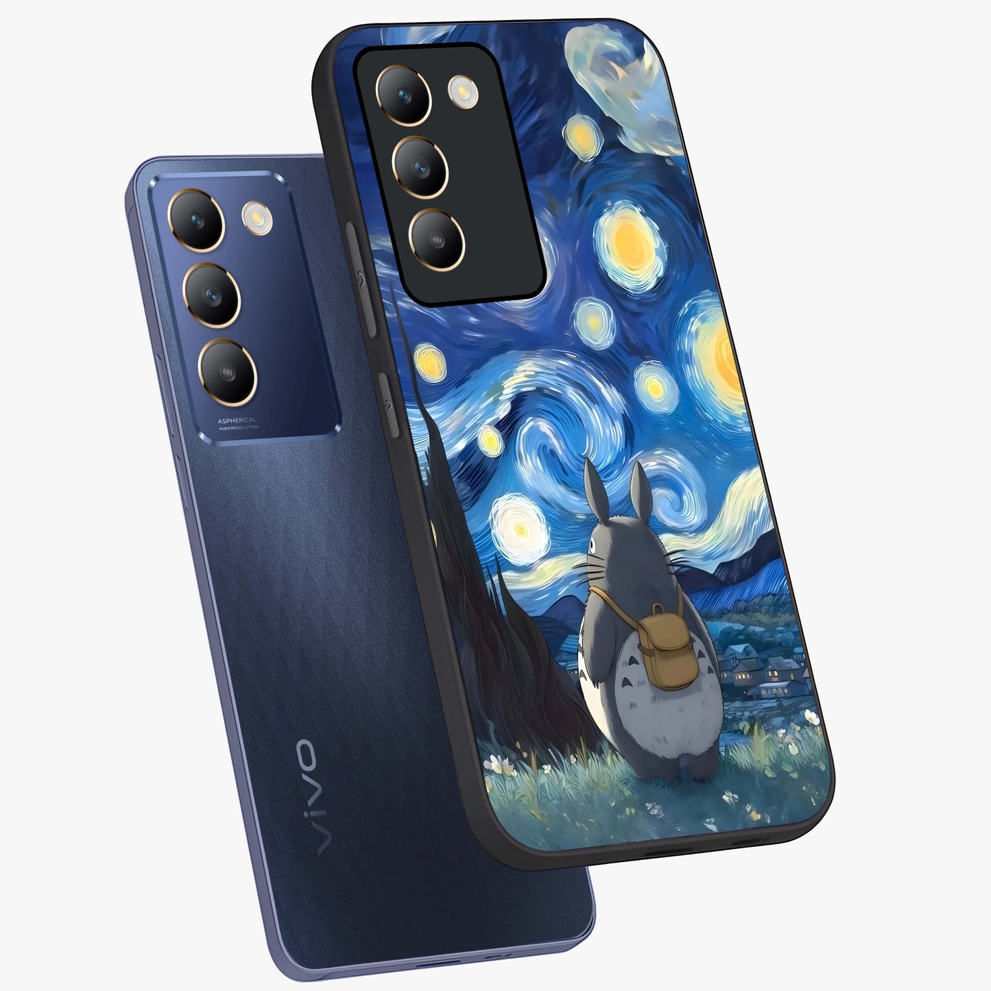 Totoro In Van Gogh Art Glass Case displayed in angled mockup highlighting artistic swirling sky design with playful animation aesthetic.