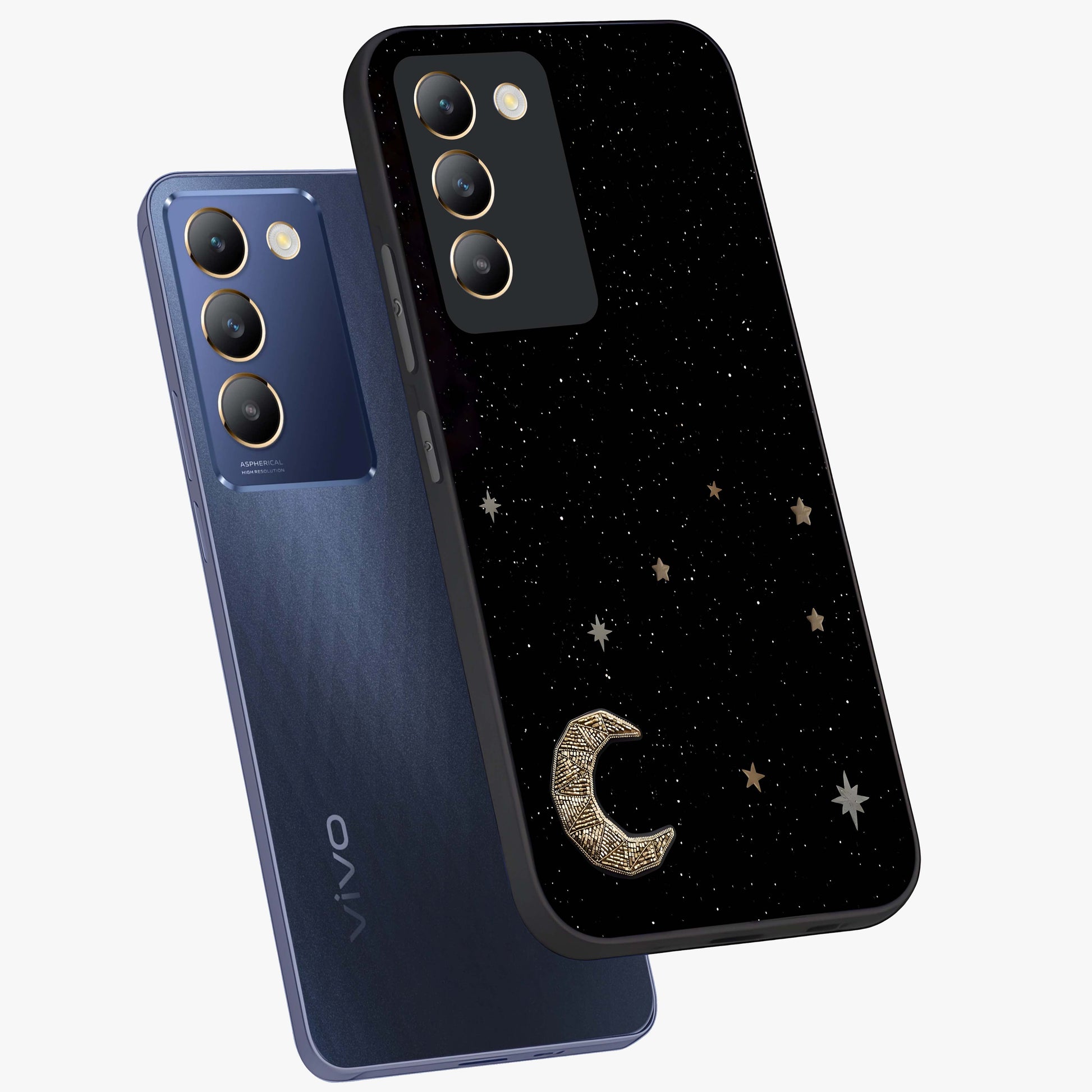 Twinkle Star With Half Moon Glass Case displayed in angled mockup highlighting celestial moon and star design with magical aesthetic.