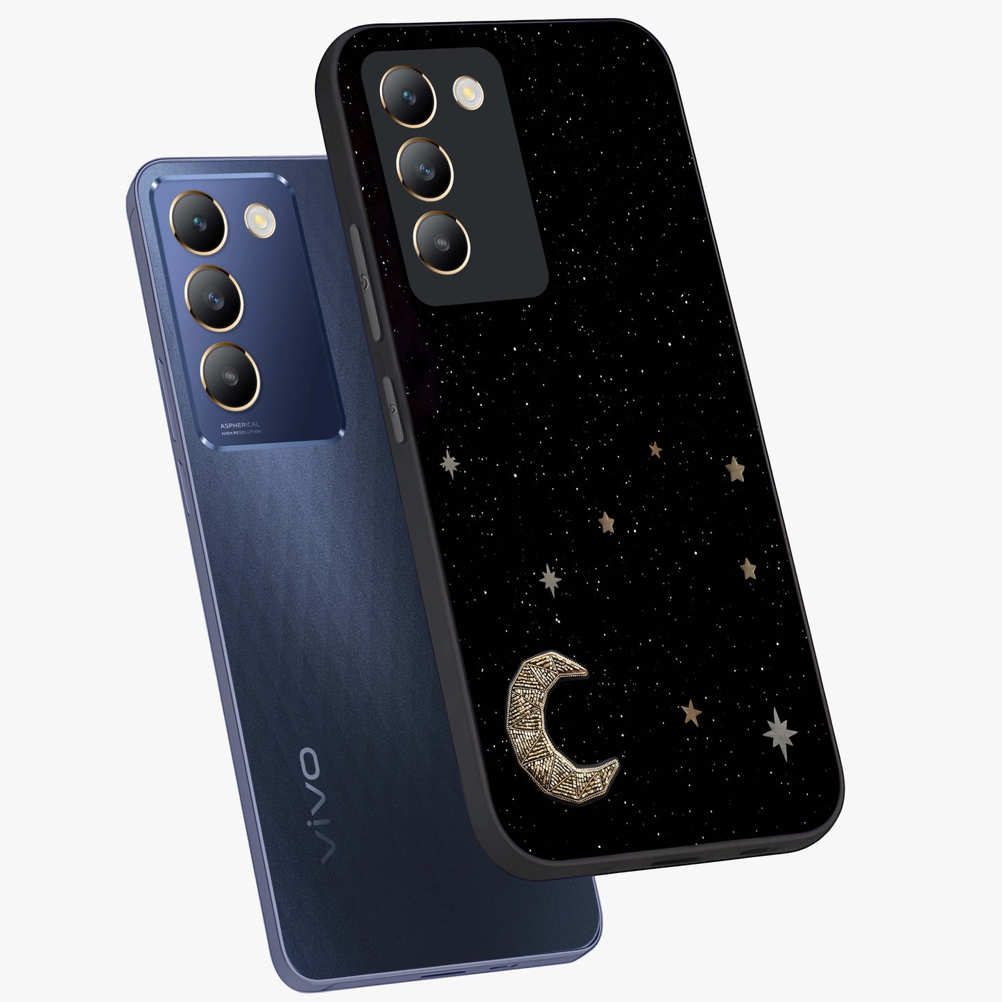 Twinkle Star With Half Moon Glass Case displayed in angled mockup highlighting celestial moon and star design with magical aesthetic.