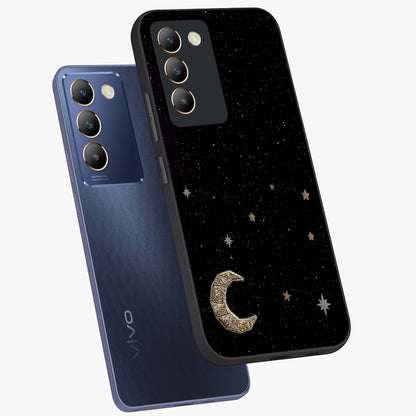 Twinkle Star With Half Moon Glass Case displayed in angled mockup highlighting celestial moon and star design with magical aesthetic.
