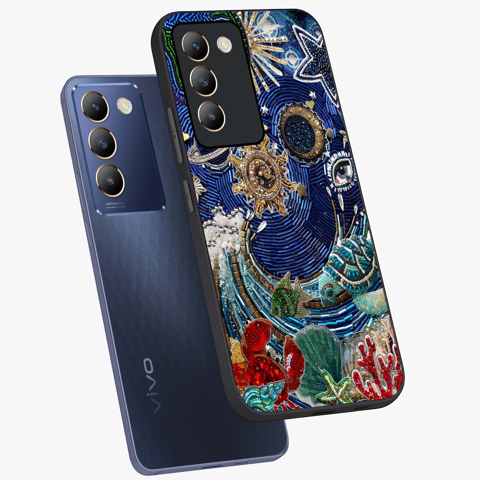 Universe Underwater Spark Glass Case displayed in angled mockup highlighting glowing aquatic design with celestial aesthetic.