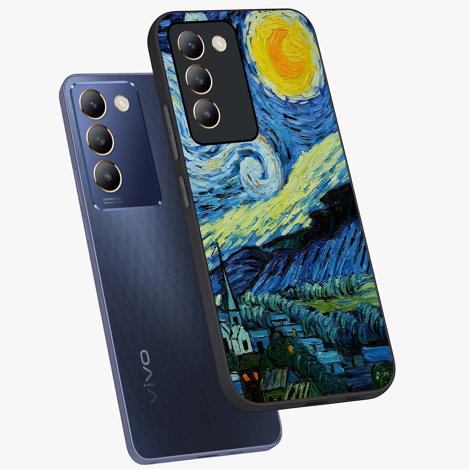 Van Gogh Art Glass Case displayed in angled mockup highlighting swirling brushstroke design with artistic aesthetic.