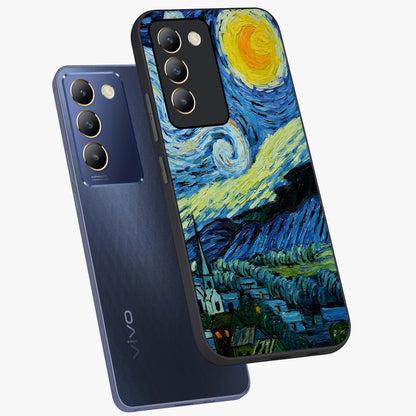 Van Gogh Art Glass Case displayed in angled mockup highlighting swirling brushstroke design with artistic aesthetic.