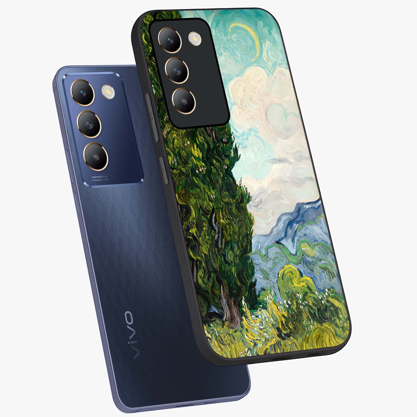 Van Gogh Vintage Art Glass Case displayed in angled mockup highlighting textured brushstroke design with classic aesthetic.