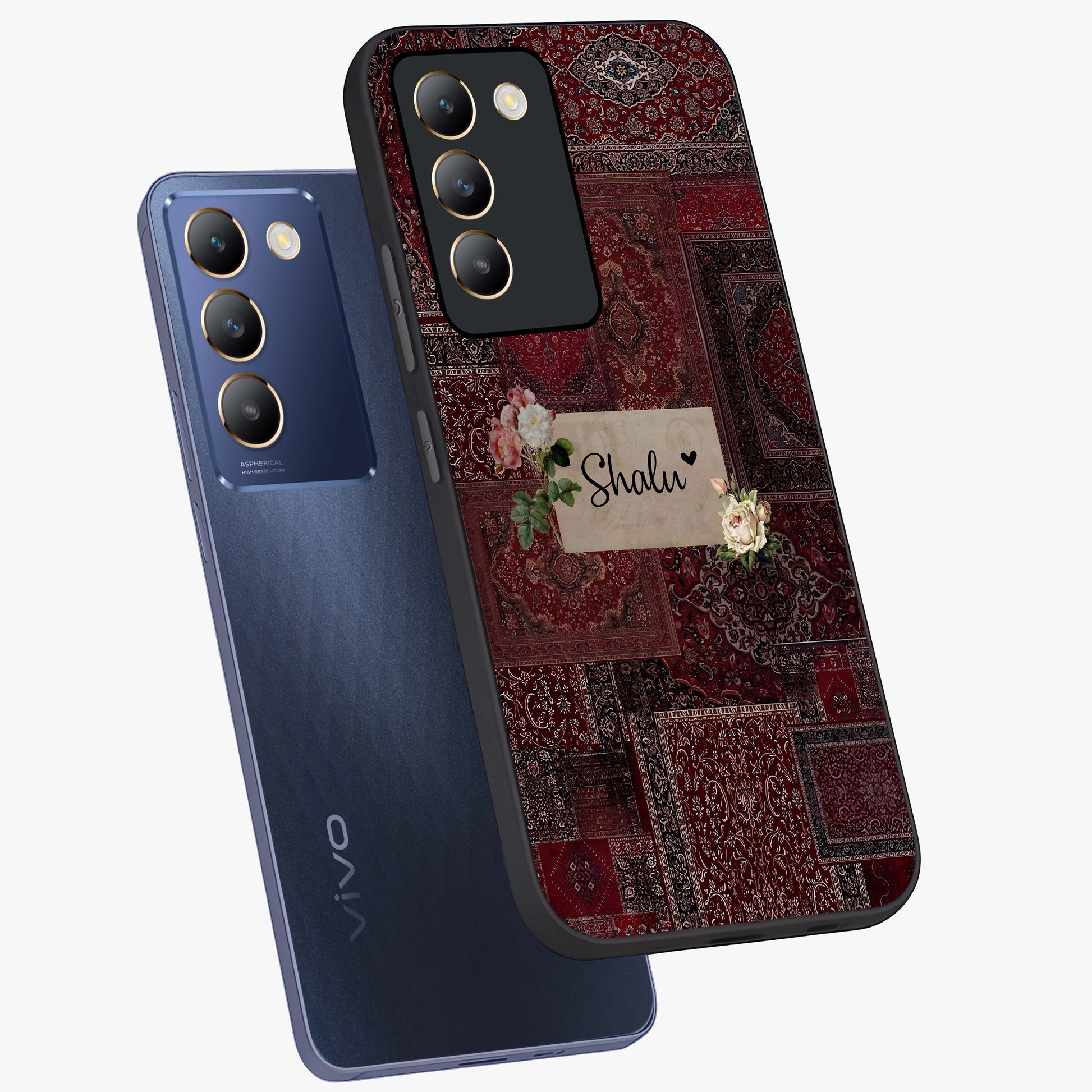 Velvet Wine Pattern Custom Name Glass Case displayed in angled mockup highlighting decorative velvet inspired design with custom name feature.