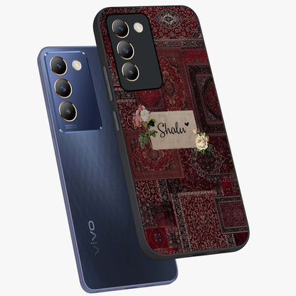 Velvet Wine Pattern Custom Name Glass Case displayed in angled mockup highlighting decorative velvet inspired design with custom name feature.