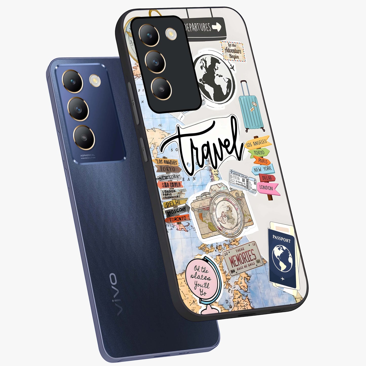 Wanderlust Journal Glass Case displayed in angled mockup highlighting adventure themed design with aesthetic travel vibe.