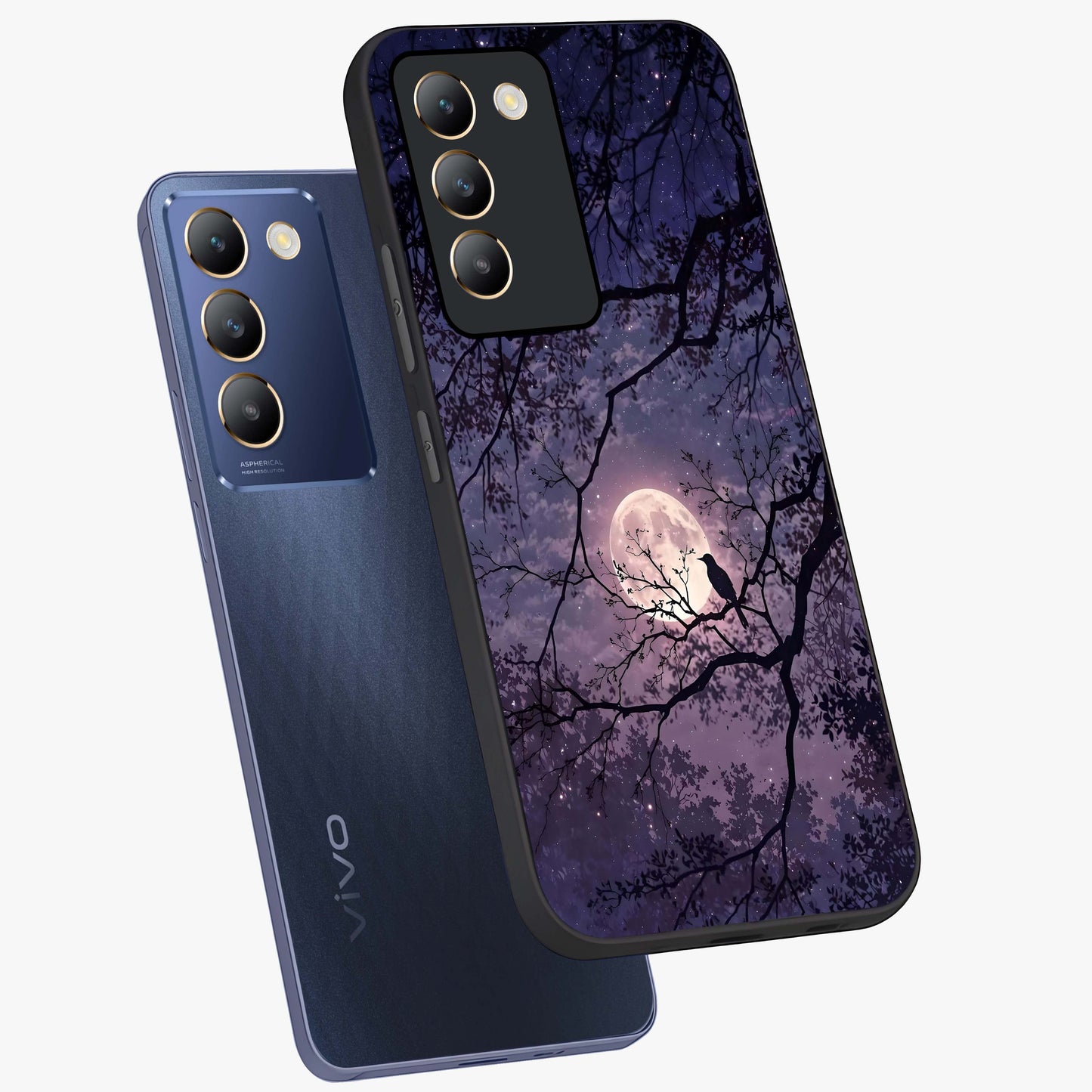Whispering Moon Silence Glass Case displayed in angled mockup highlighting calm lunar design with dreamy night aesthetic.