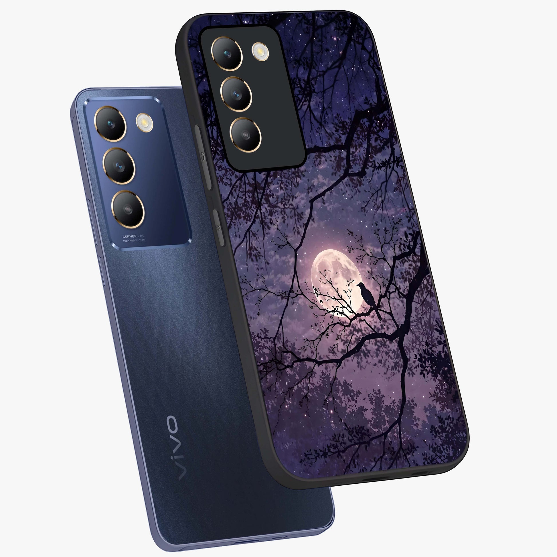 Whispering Moon Silence Glass Case displayed in angled mockup highlighting calm lunar design with dreamy night aesthetic.