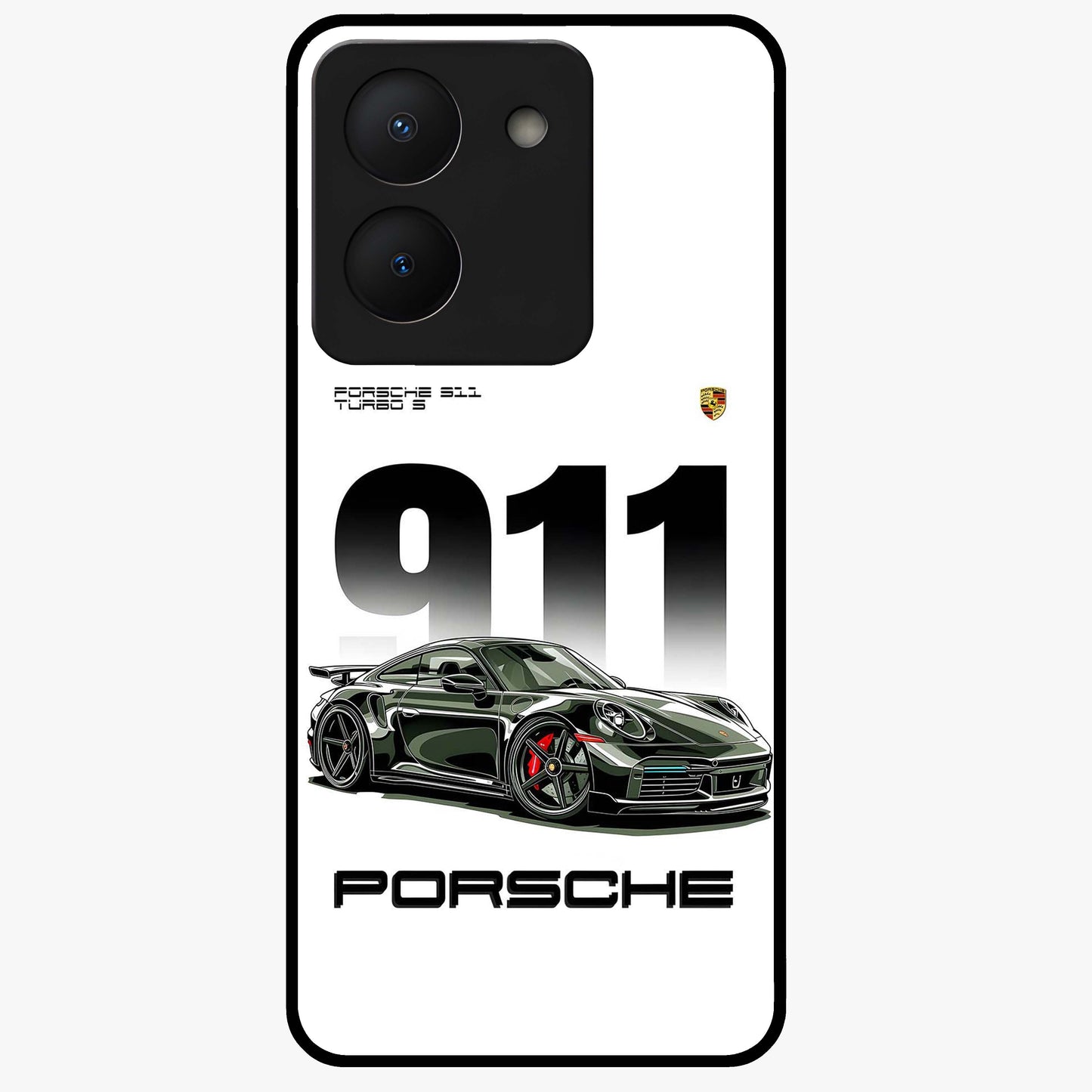 911 Turbo Dominance Glass Case showing clean flat back view with bold 911 sports car artwork and glossy glass finish.