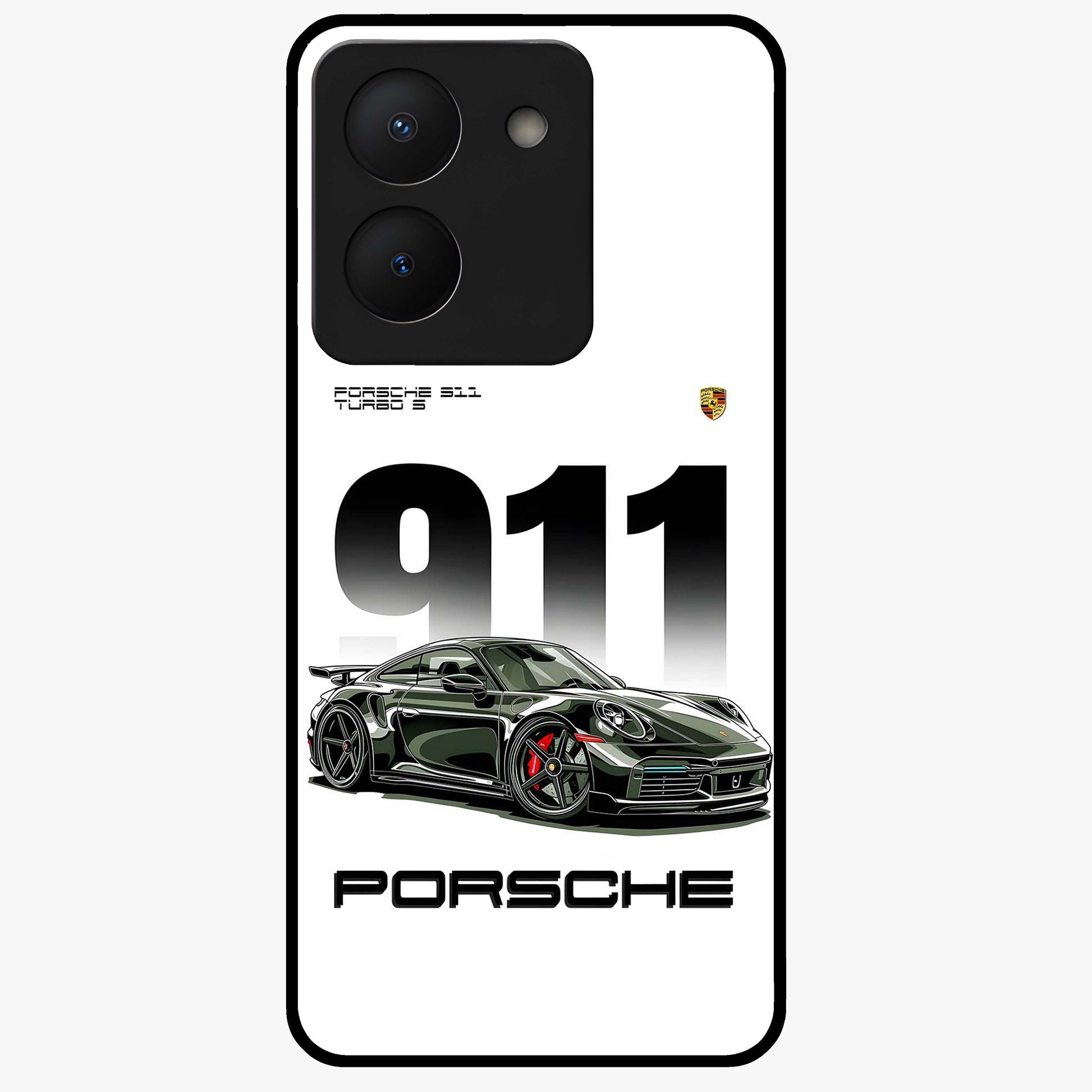 911 Turbo Dominance Glass Case showing clean flat back view with bold 911 sports car artwork and glossy glass finish.