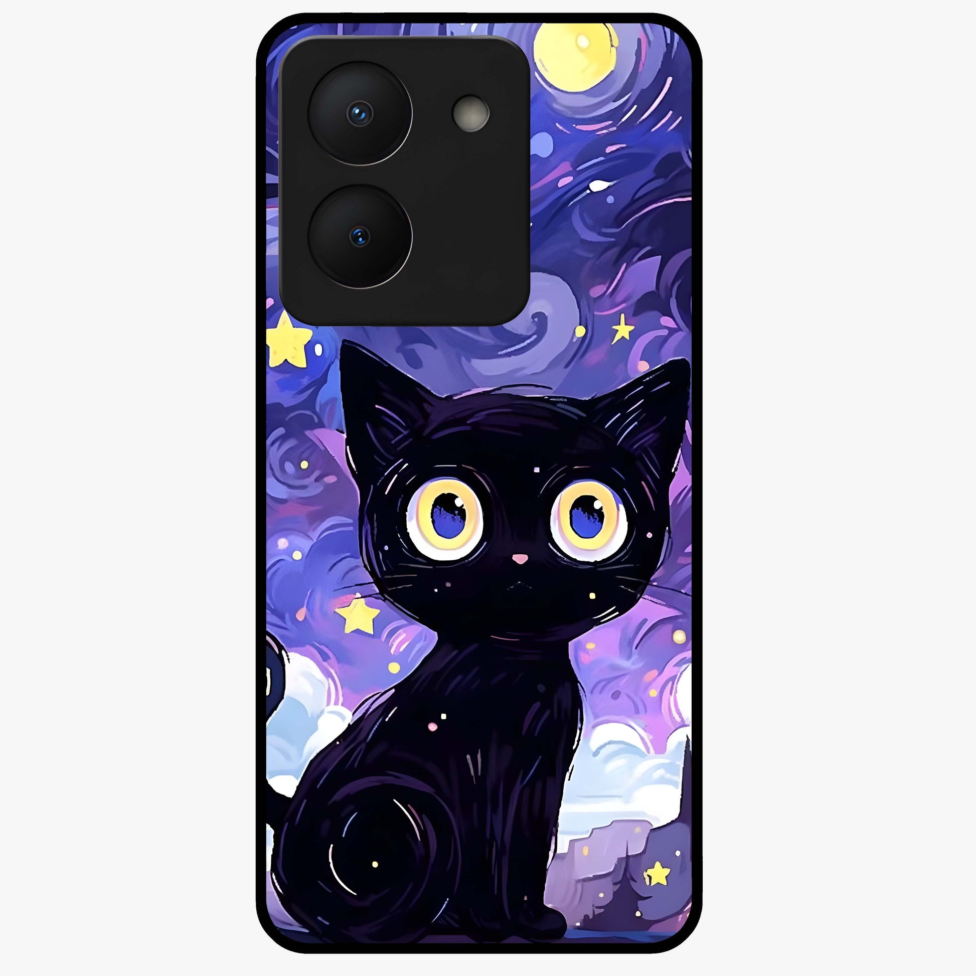 Abstract Cat Art Glass Case showing flat back view with artistic cat illustration and glossy glass finish.