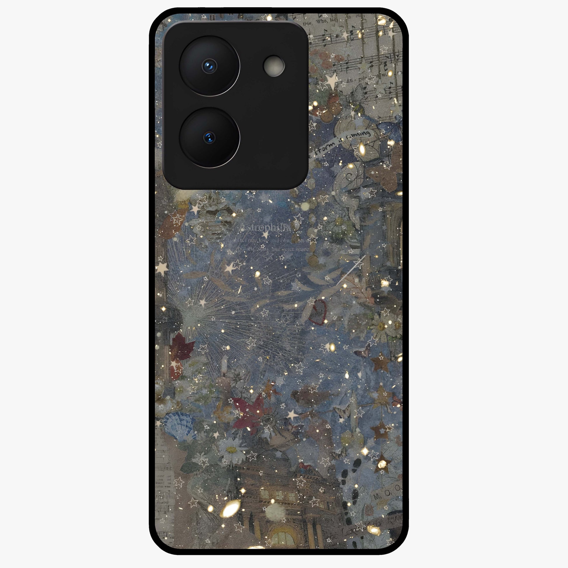 Aesthetic Astrolophia Glass Case showing flat back view with dreamy aesthetic design and glossy glass finish.