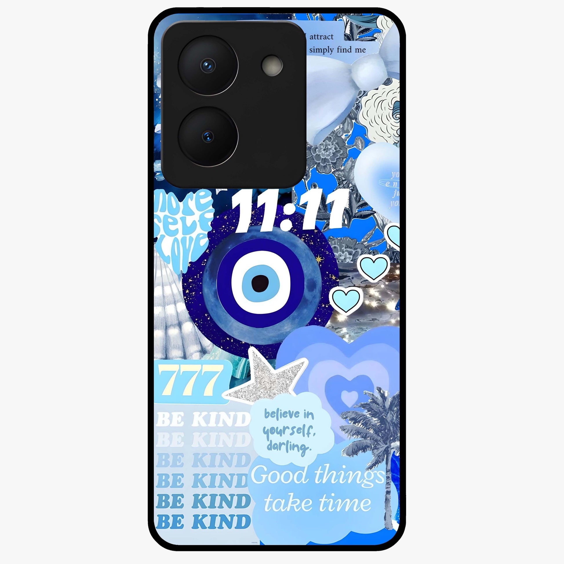 Aesthetic Be Kind Eye Glass Case showing flat back view with motivational eye artwork and glossy glass finish.