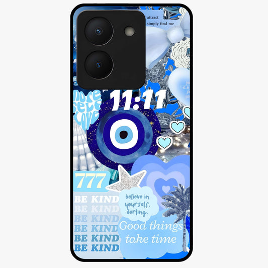 Aesthetic Be Kind Eye Glass Case showing flat back view with motivational eye artwork and glossy glass finish.