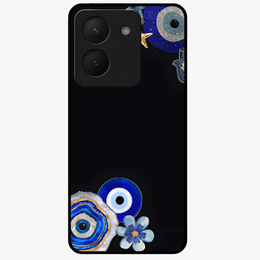 Aesthetic Blue Evil Eye Glass Case showing flat back view with protective evil eye artwork and glossy glass finish.