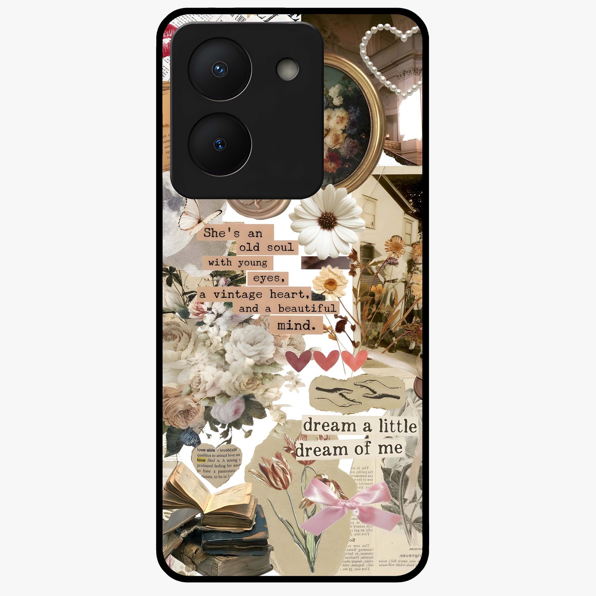 Aesthetic Brown Vintage Collage Glass Case showing flat back view with retro collage artwork and glossy glass finish.