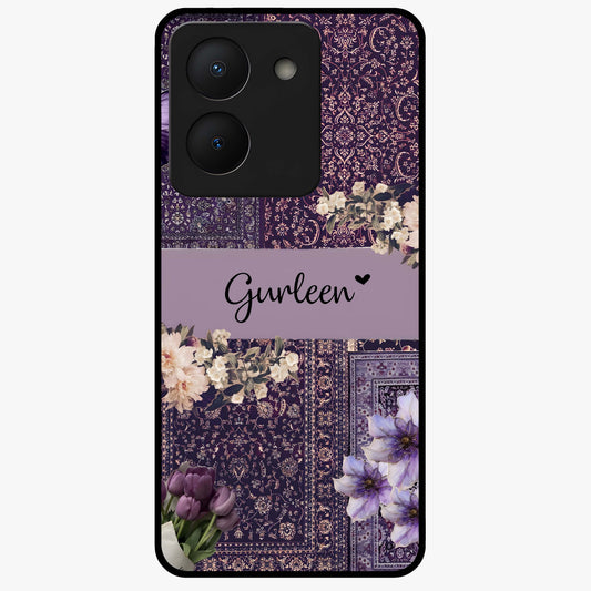 Antique Floral Whisper Custom Name Glass Case showing flat back view with vintage floral artwork and personalized name design.