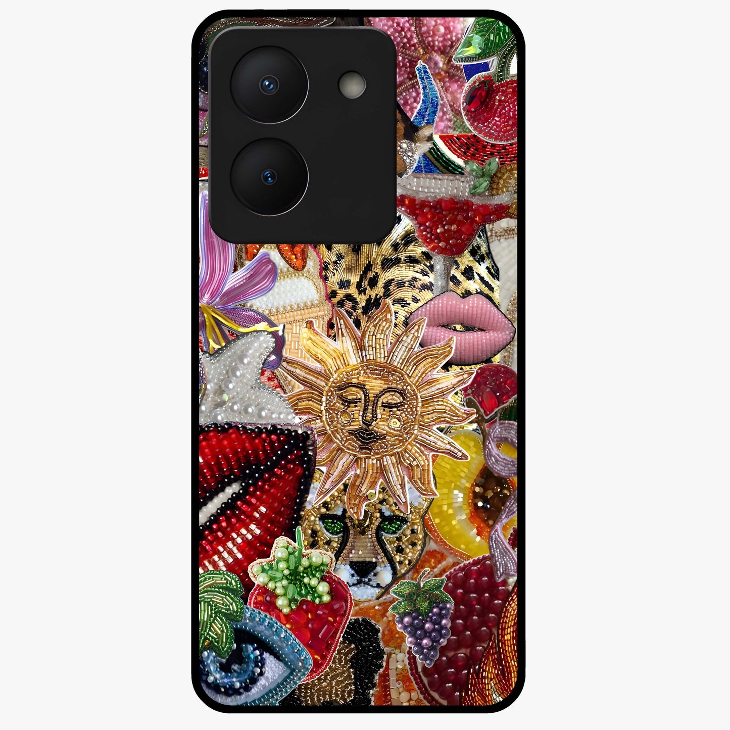 Beaded Fashion Jungle Glass Case showing flat back view with vibrant jungle inspired bead artwork and glossy glass finish.