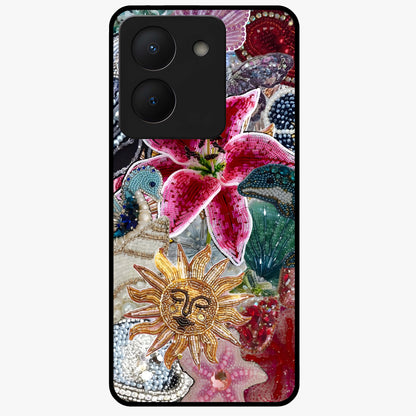 Beaded Garden Fantasy Glass Case showing flat back view with dreamy garden bead artwork and glossy glass finish.