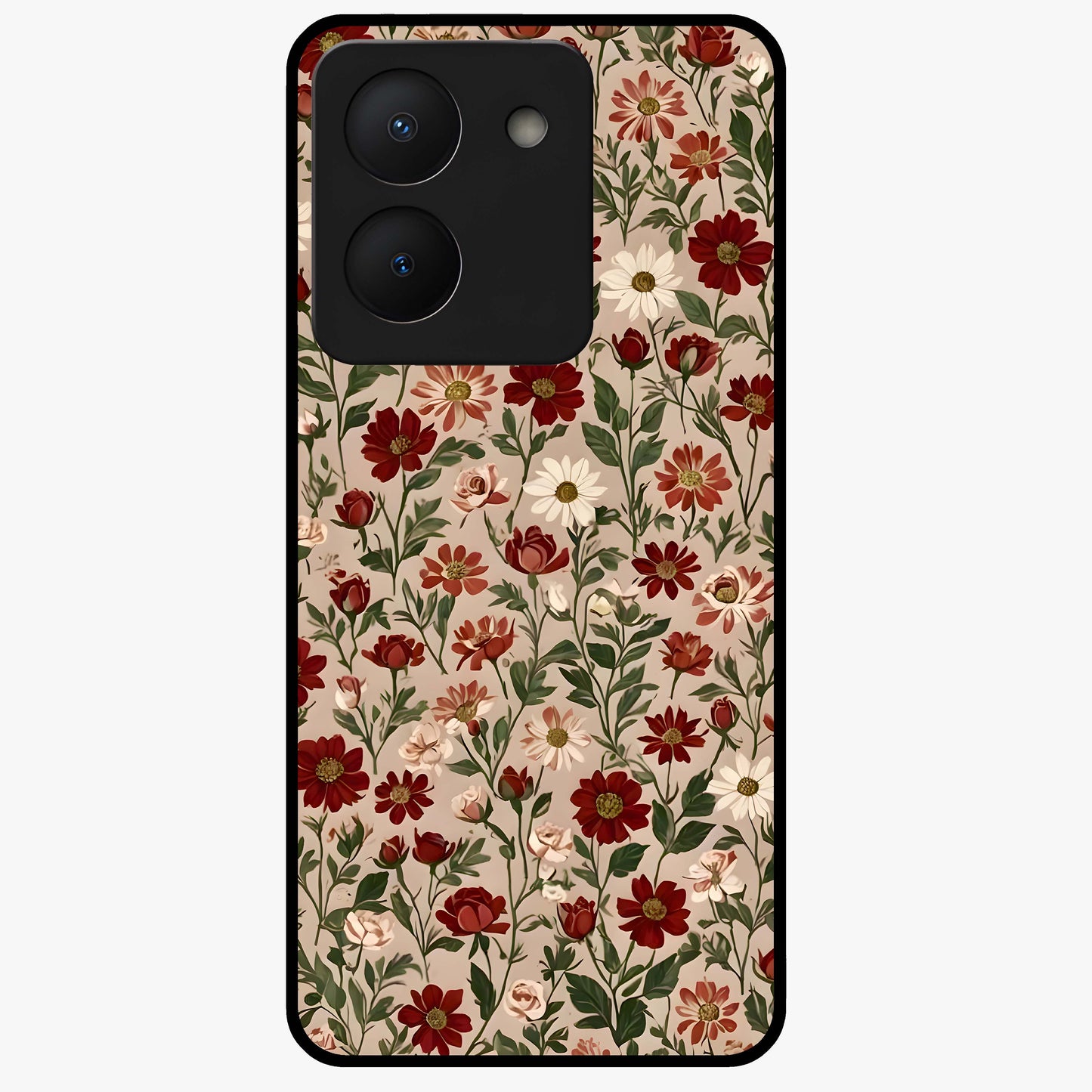 Biege Flower With Leaf Glass Case showing flat back view with soft beige floral artwork and glossy glass finish.
