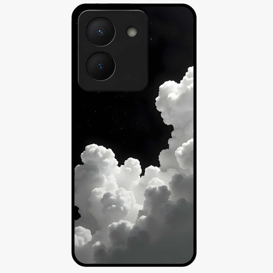 Black Background With White Cloud Glass Case showing flat back view with minimal cloud artwork on dark background and glossy glass finish.