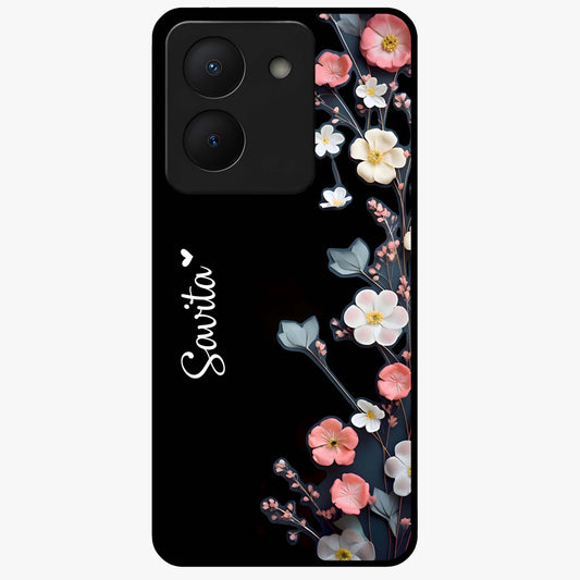 Black Elegance Floral Custom Name Glass Case showing flat back view with elegant floral artwork and personalized name design.