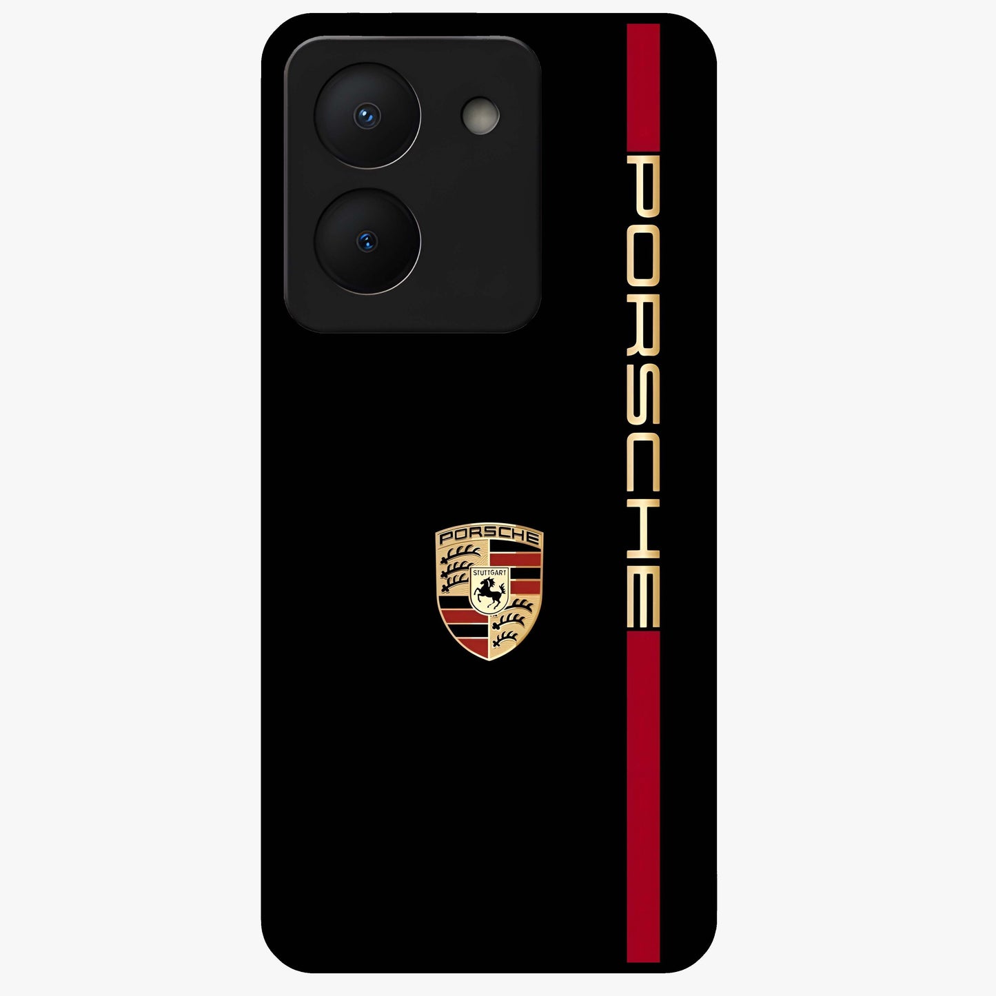 Black Minimal Porsche Glass Case showing flat back view with sleek minimal sports car artwork and glossy glass finish.