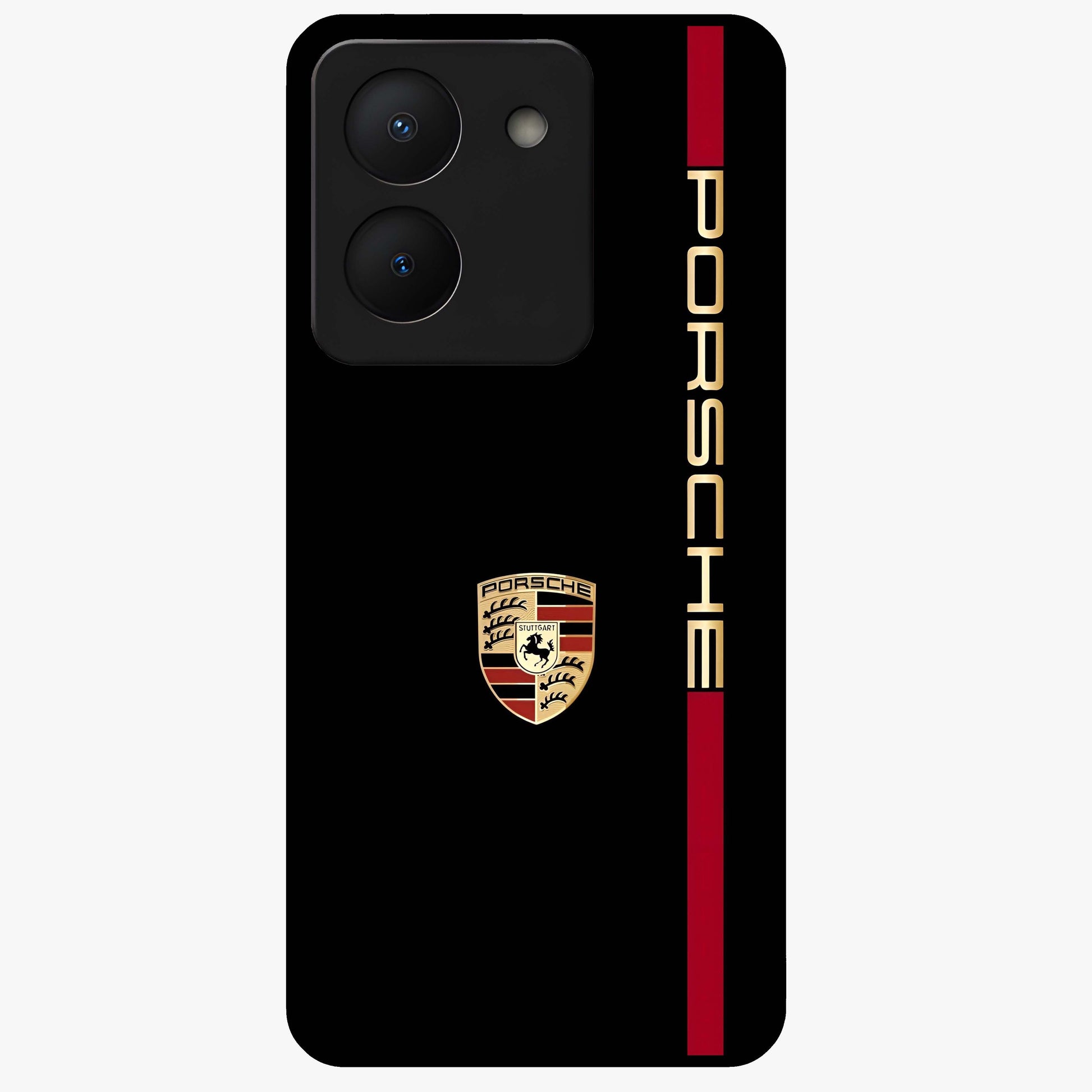 Black Minimal Porsche Glass Case showing flat back view with sleek minimal sports car artwork and glossy glass finish.