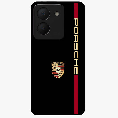 Black Minimal Porsche Glass Case showing flat back view with sleek minimal sports car artwork and glossy glass finish.