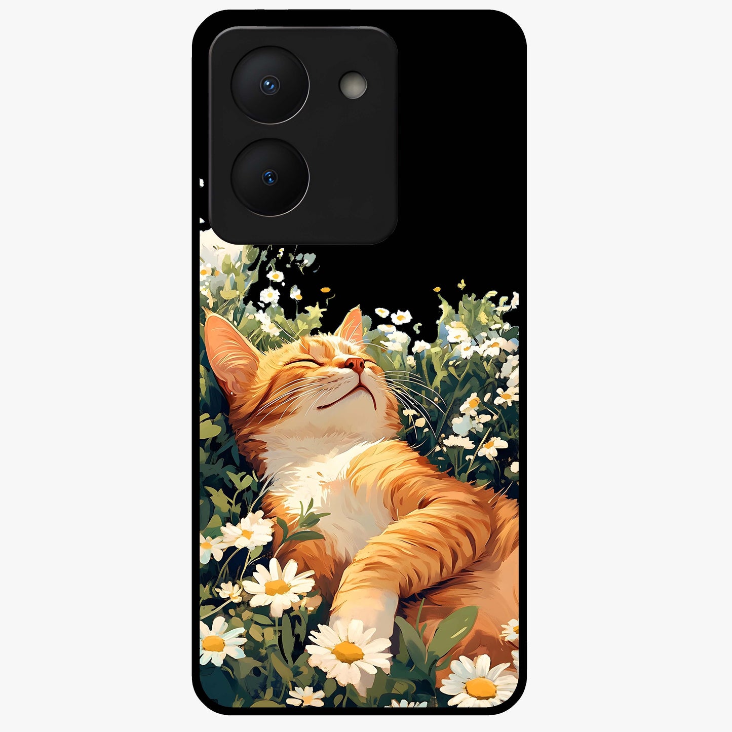 Blissful Bloom Cat Glass Case showing flat back view with cute cat and floral bloom artwork and glossy glass finish.