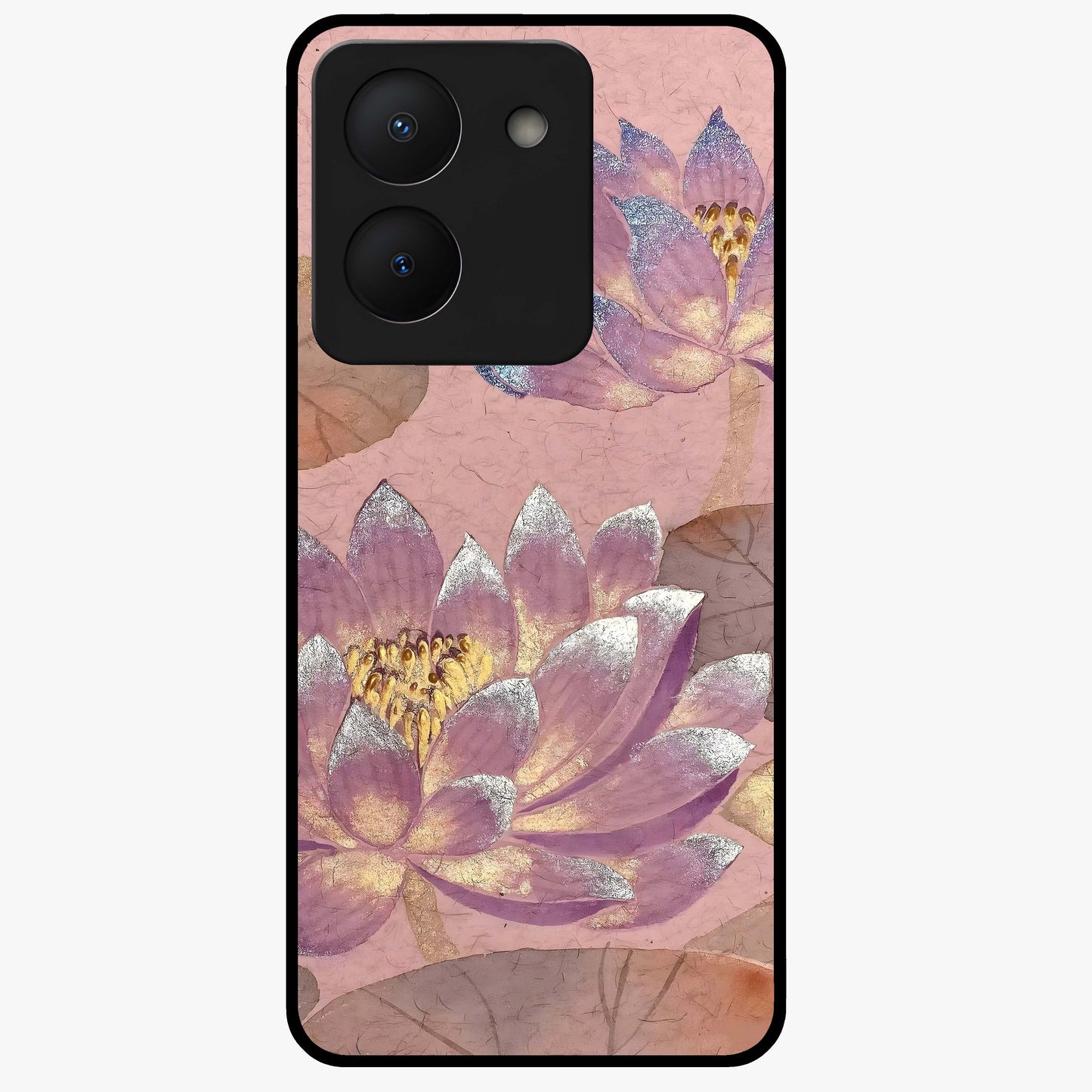 Blossom Mist Lotus Glass Case showing flat back view with serene lotus blossom artwork and glossy glass finish.
