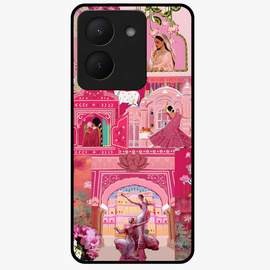 Blossoms of Rajasthan Glass Case showing flat back view with traditional floral artwork inspired by Rajasthan and glossy glass finish.