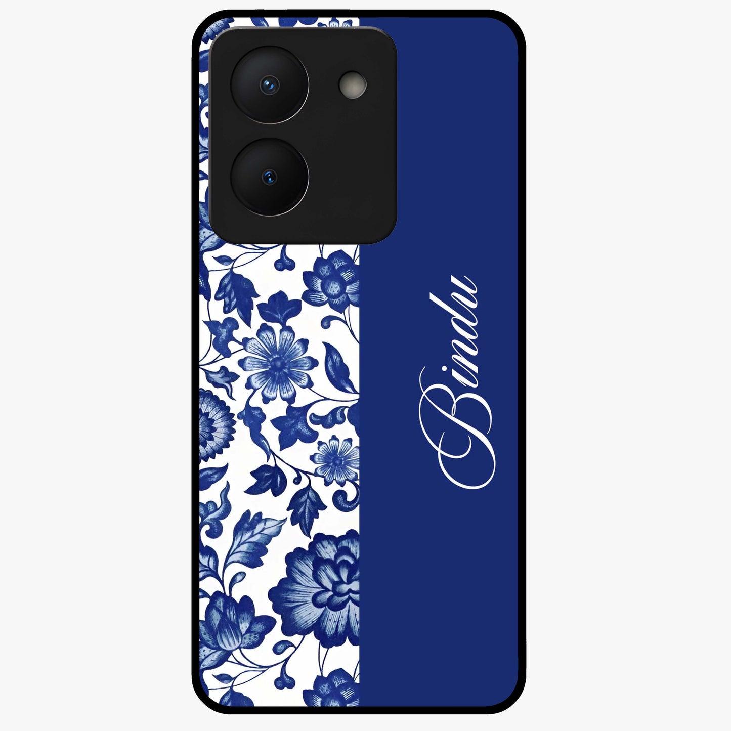 Blue Vintage Floral Pattern Glass Case upright view showcasing timeless floral illustration with vintage inspired style.