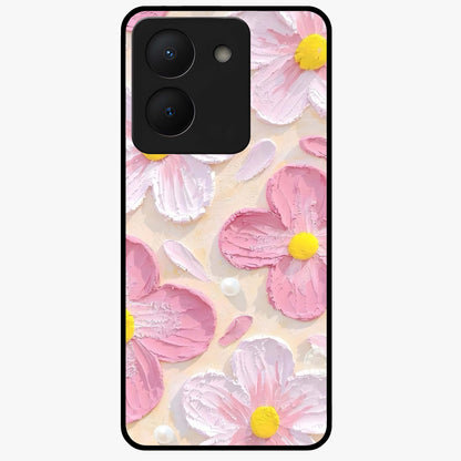 Blush Bloom Texture Glass Case showing flat back view with soft blush floral texture artwork and glossy glass finish.