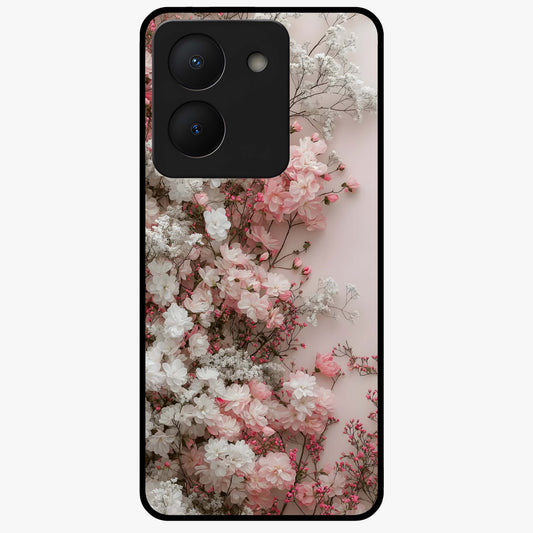 Blush Blossom Cloud Glass Case showing flat back view with dreamy blush cloud blossom artwork and glossy glass finish.