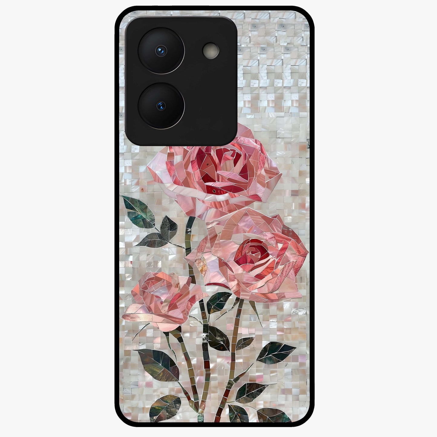 Blush Mosaic Bloom Glass Case showing flat back view with mosaic floral bloom artwork and glossy glass finish.