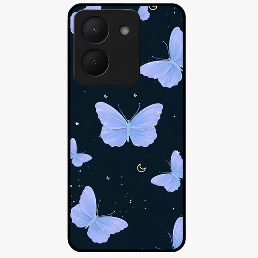 Butterfly With Stars Pattern Glass Case showing flat back view with butterfly and star pattern artwork and glossy glass finish.