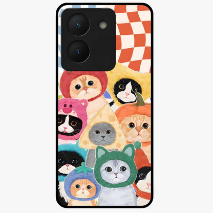 Cats in Fruits Glass Case showing flat back view with playful cat illustrations inside fruit artwork and glossy glass finish.