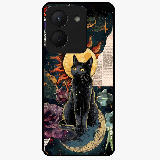 Celestial Black Cat Glass Case showing flat back view with mystical black cat artwork and glossy glass finish.